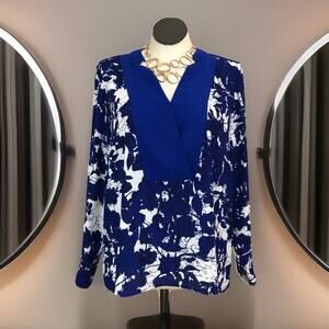 Preston &York Top Womens XL Floral Tunic Pullover Blue White V-Neck L/SLV Poly